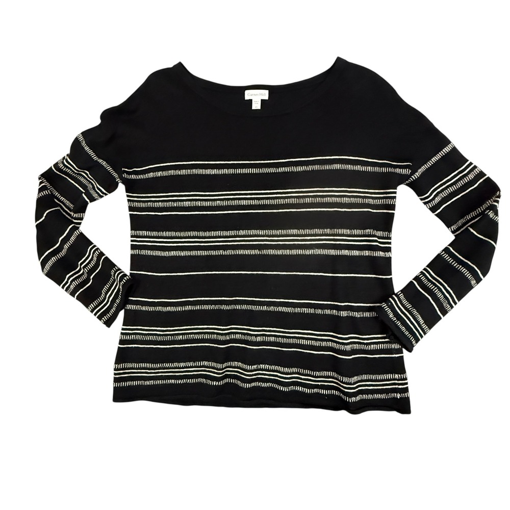 Garnet Hill Linen Sweater Womens Extra Small Long Sleeve Stripe Knit Black Cream